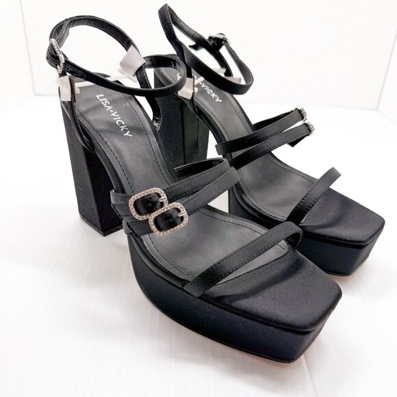 Lisa Vicky Babe-V Heels 9.5 Black Satin Strappy Platform Sandals Chunky Heel NIB - Picture 1 of 12